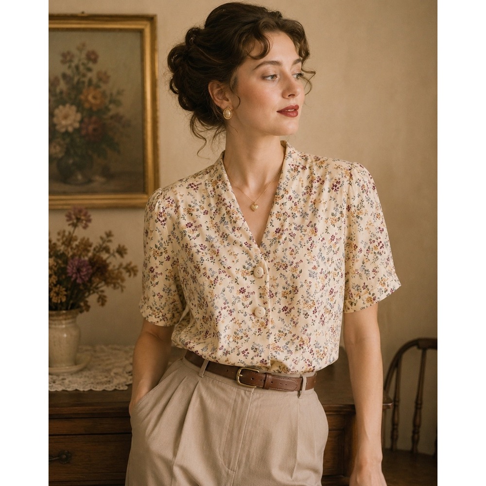 Sharon Anthony Vintage Floral Blouse Cream Short Sleeve Button Front Top Size 10